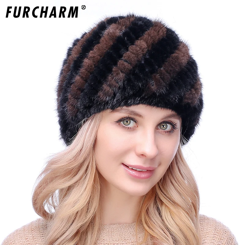 Женские шапки из натурального меха норки FURCHARM зимняя вязаная шапка с помпоном
