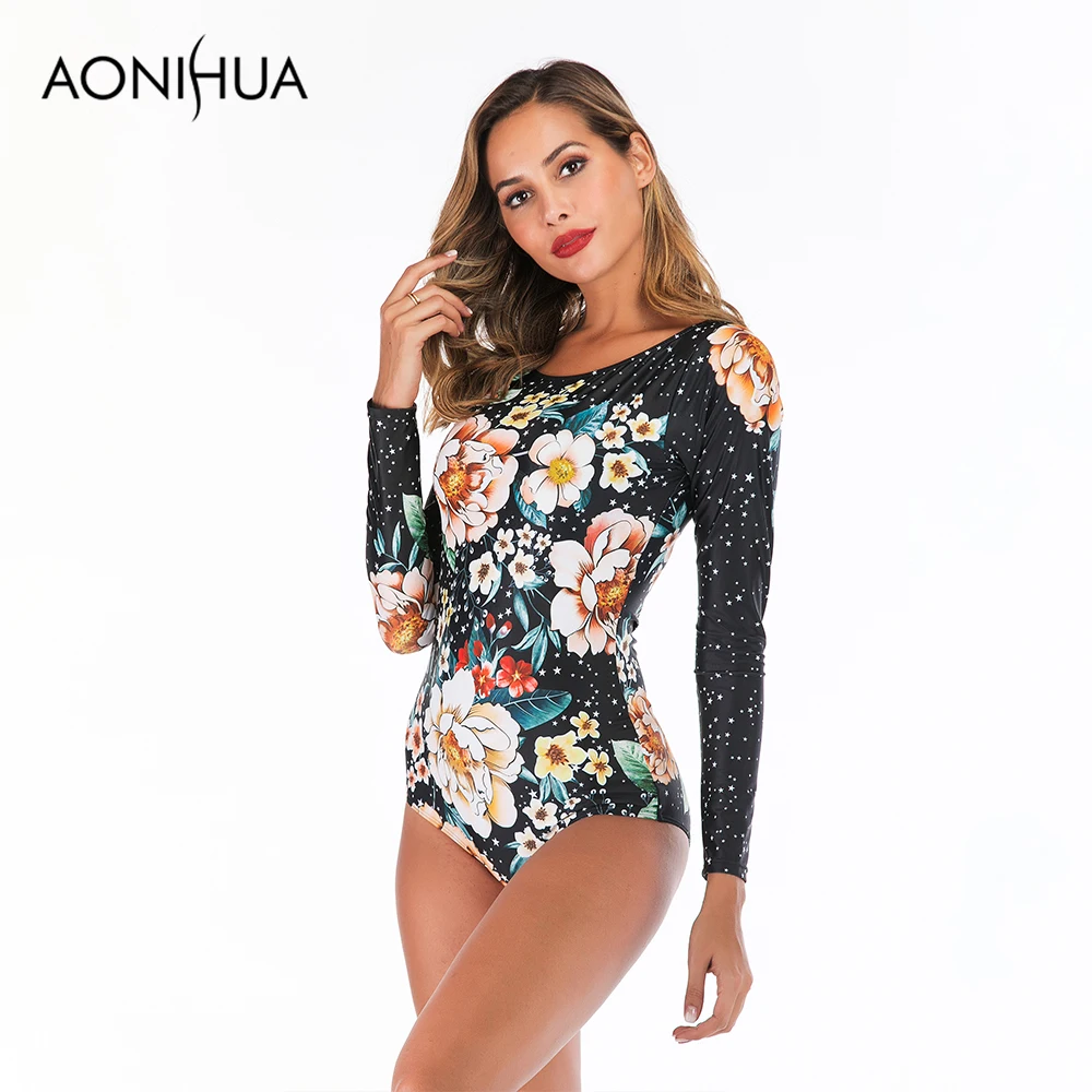 Слитный купальник Aonihua 2019 с цветочным принтом и подушечкой длинным рукавом