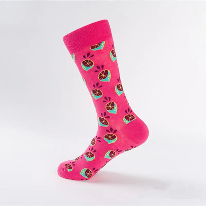 Rose red Мужские модные счастливые носки, цветные хлопковые длинные носки, оригинальные носки с фруктовым узором для пары, весенние и осенние носки - Цвет: Rose red