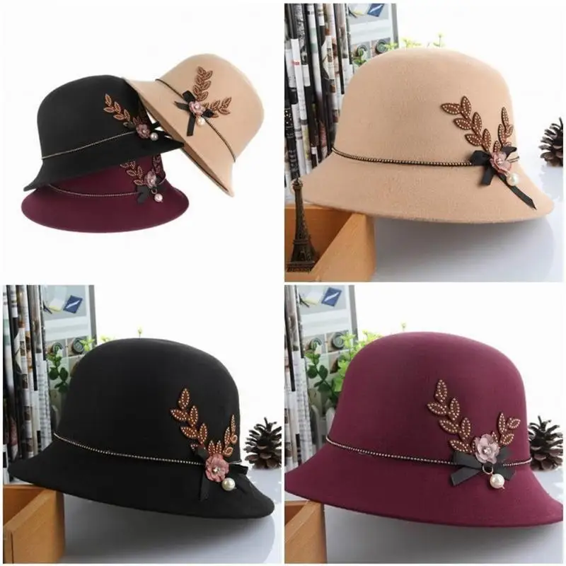 Винтажная женская шляпа украшенная цветами и жемчугом с бантом теплая легкая