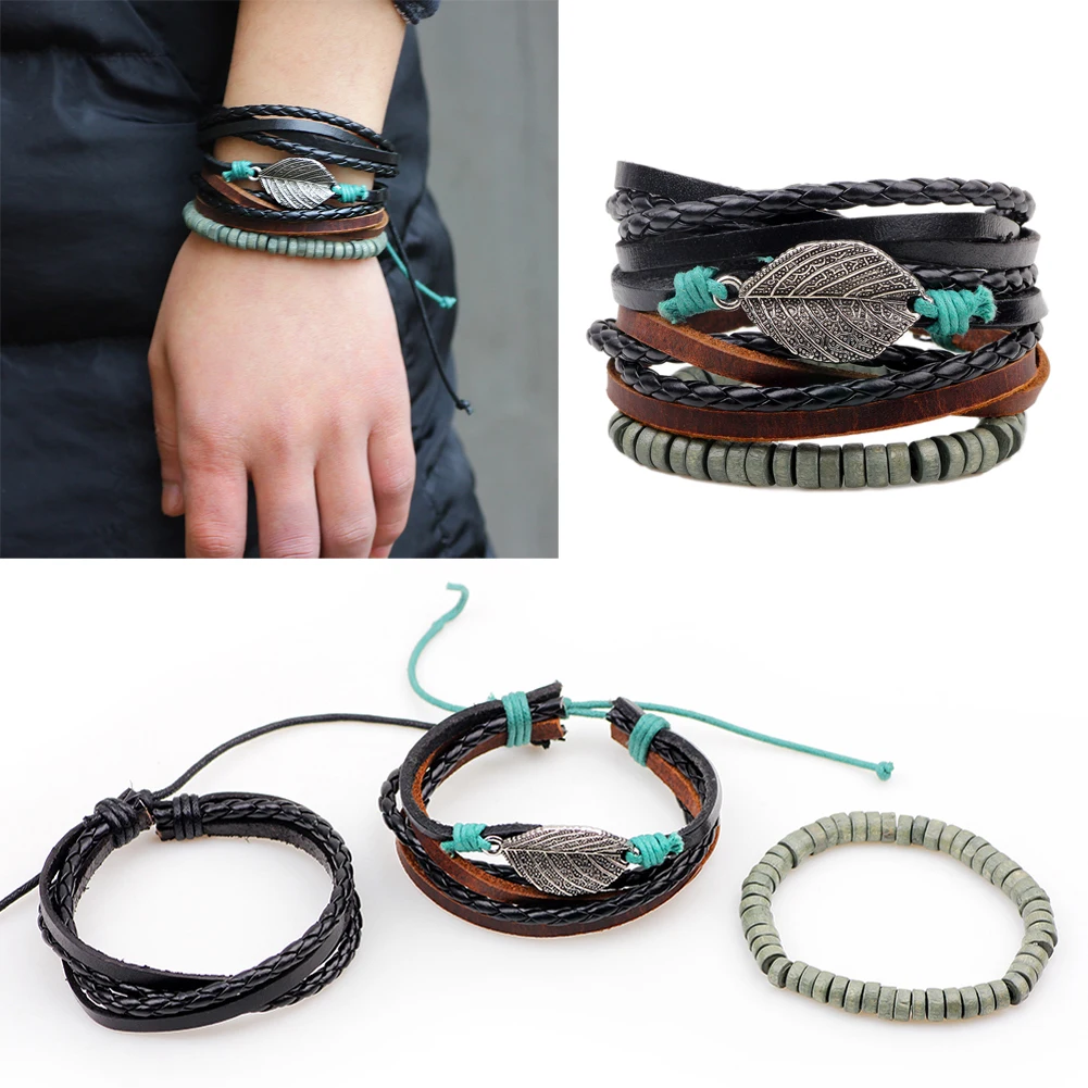 Женские и мужские браслеты в виде листьев Кожаный Браслет-манжета этнические