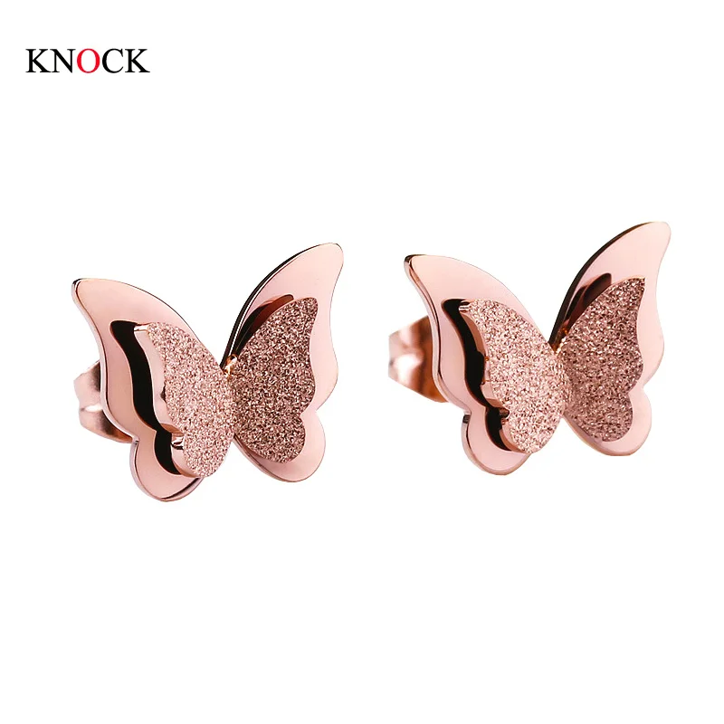 Knock Stainless Steel Earrings For Women Child Rose Gold Color Frosted Double Butterfly Studs Best Jewelry | Украшения и