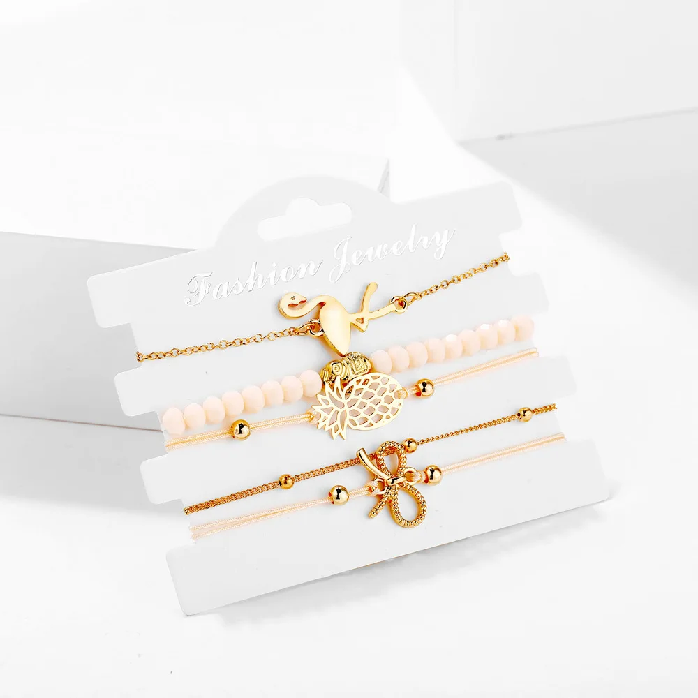 5 pcs/set Flamingo Elephant Hollow Pineapple Bowknot Charm Bracelets Set For Women Gold Color Beads Link Chain Bangles Jewelry | Украшения