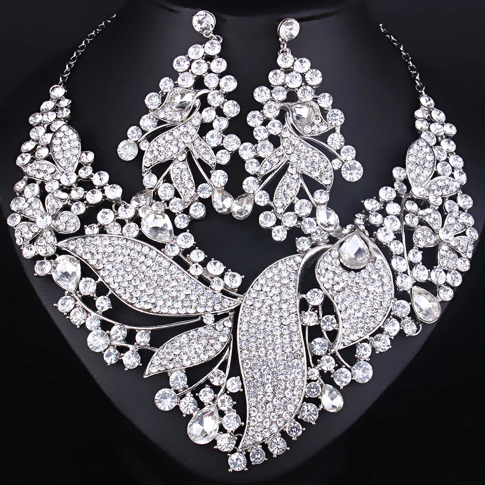 Ожерелье и серьги в форме листа Стразы с кристаллами|luxury bridal jewelry sets|necklace earring