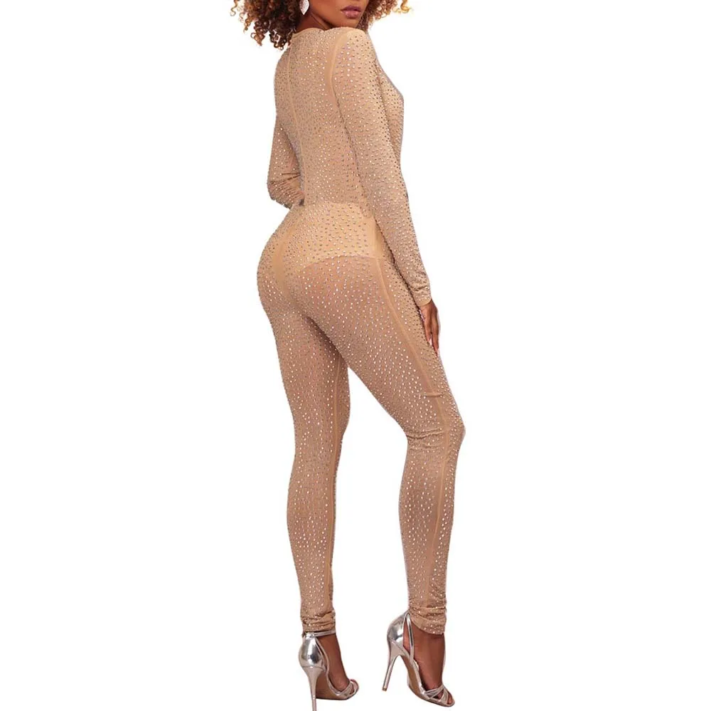 Женские облегающие комбинезоны полностью Стразы сексуальный прозрачный