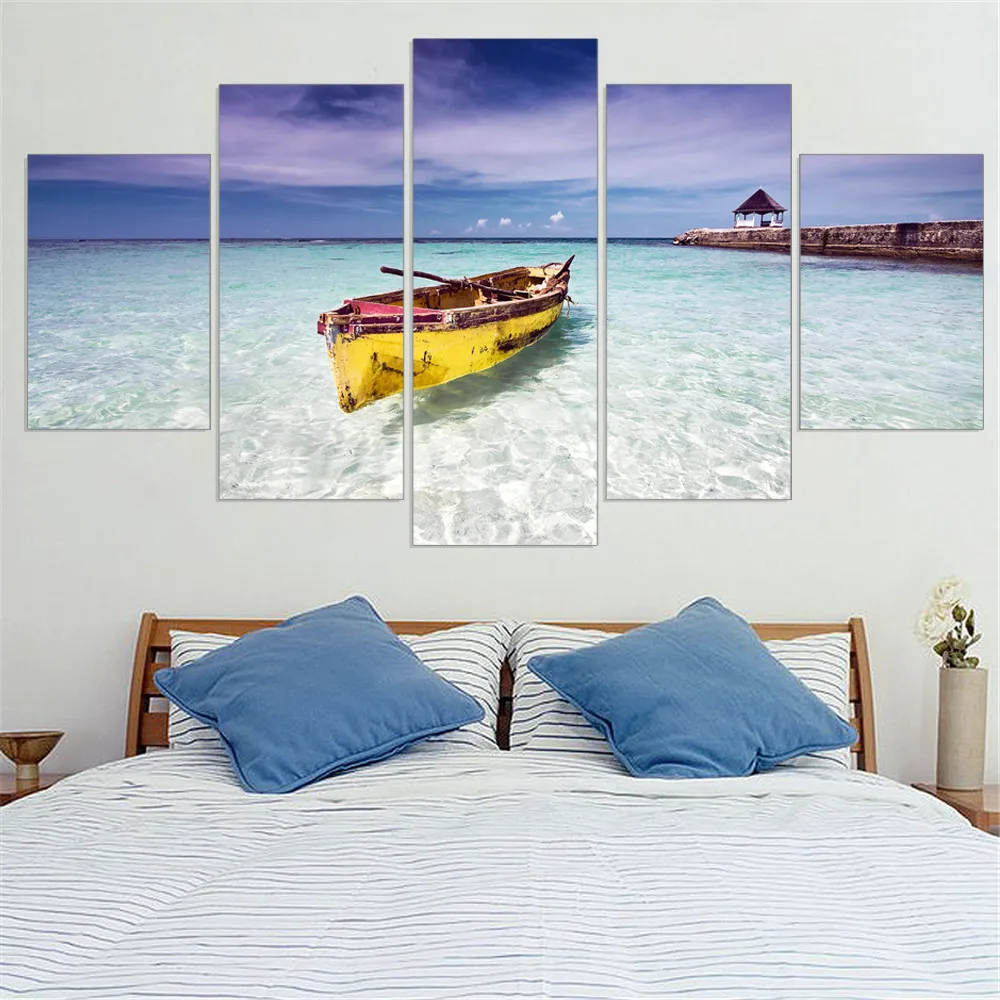 

Canvas Painting Blue Ocean Yellow Boat Seascape Oil Picture Wall Art Poster Seaview Art Print Mordern Home Decor Frameless 5Pcs