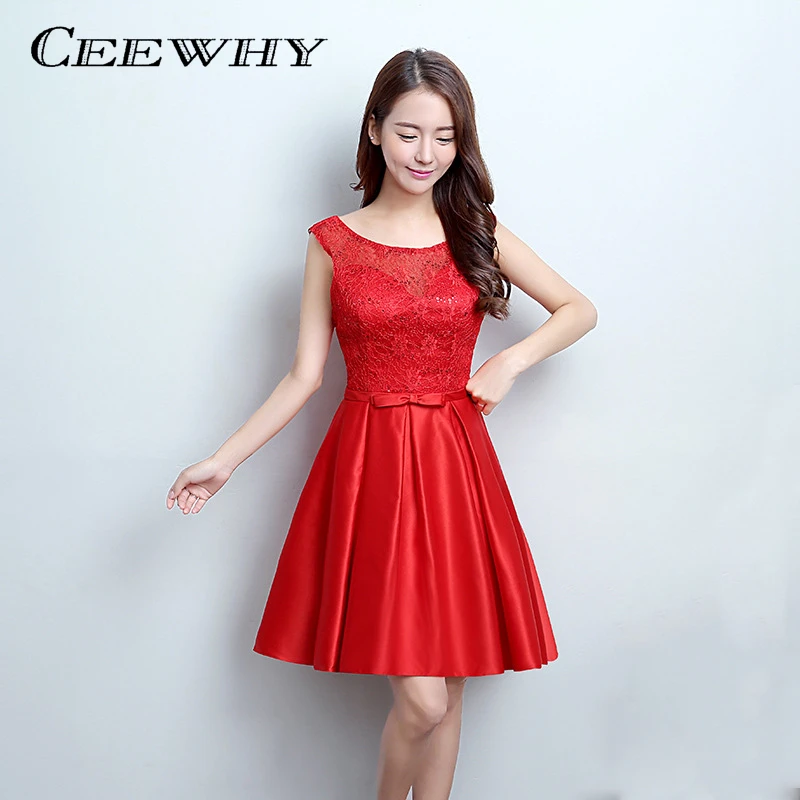 CEEWHY О-Образным Вырезом Кружева Атласная Краткости Длины Колена Пром Платье