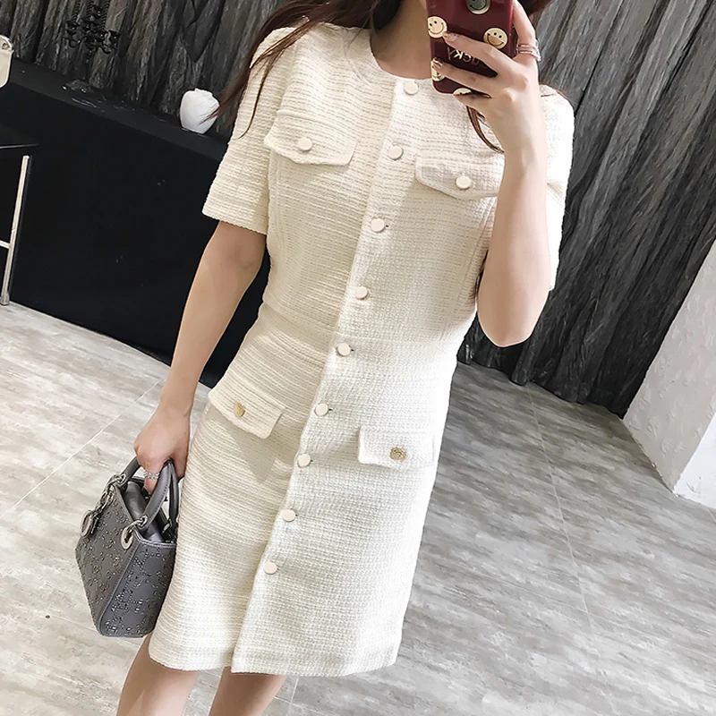 Платье из твида Off white с коротким рукавом 2019 весна / осень женское платье кисточкой