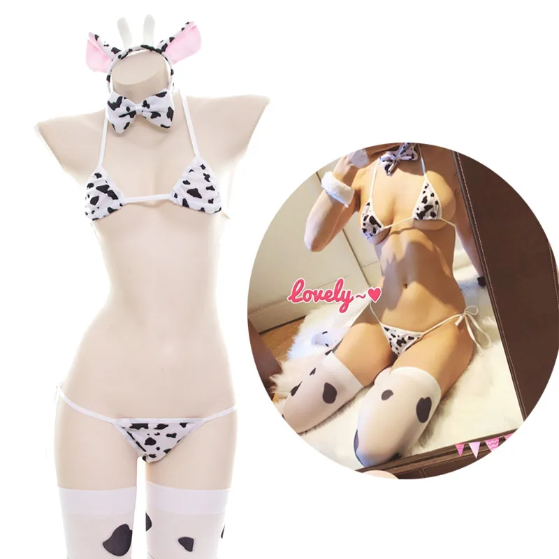 

Japanese Anime Erotic Sexy Cow Bikini Cosplay costumes Lolita Bra Panty Set Kawaii stockings Underwear Sleepwear bikini W/ Tail