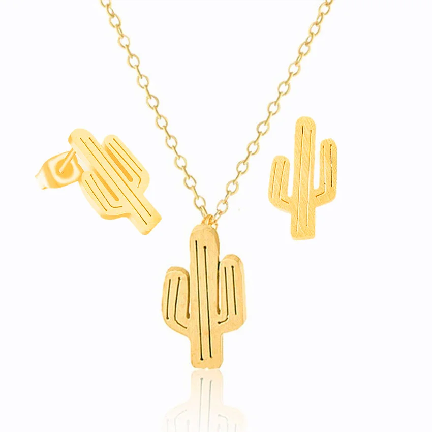 Gold Color Desert Cactus Stud Earrings Pendant Necklace Men Women Trendy Jewelry Set Stainless Steel Brinco Conjunto Feminino | Украшения и