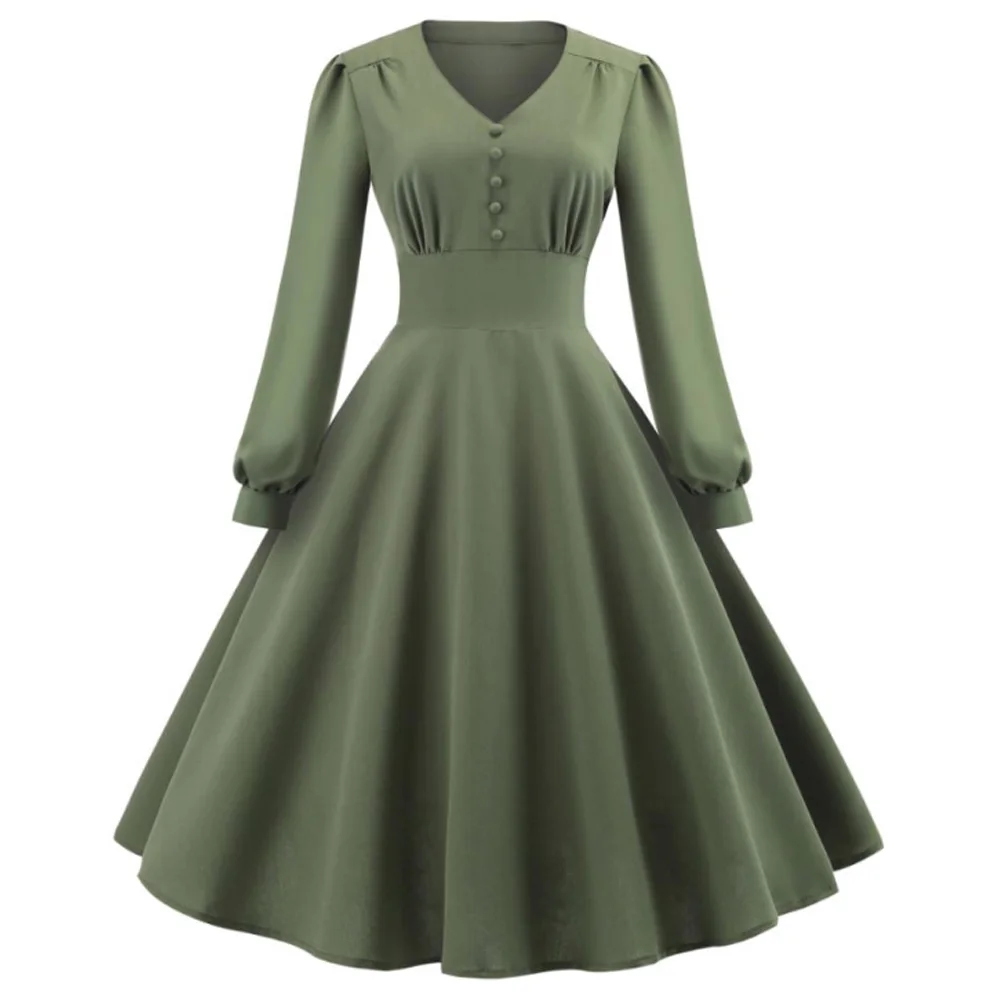 Женское винтажное платье с длинным рукавом 50s 60 s армейское зеленое рюшами и