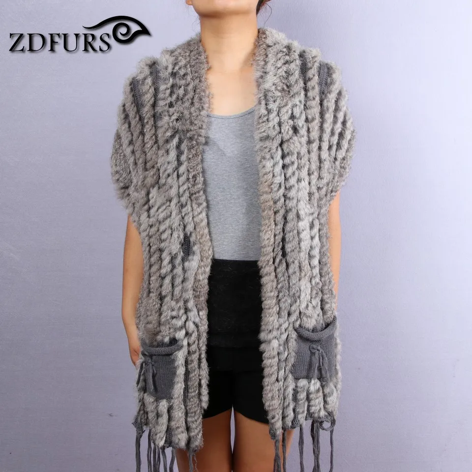 ZDFURS* Лидер продаж, модная шаль из кроличьего меха, вязаный жилет из кроличьего меха с карманом, свитер из кроличьего меха, жилет, пончо, ZDKR-165004 - Цвет: nature grey