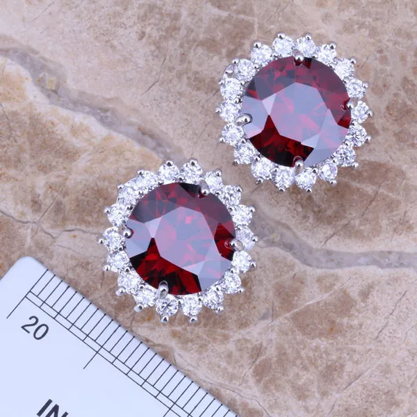 Красный Гранат Белый CZ Серебряные комплекты ювелирных изделий серьги кулон