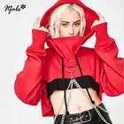 Хлопковый женский однотонный короткий пуловер с круглым вырезом, укороченные топы, толстовка с капюшоном и длинным рукавом, джемпер