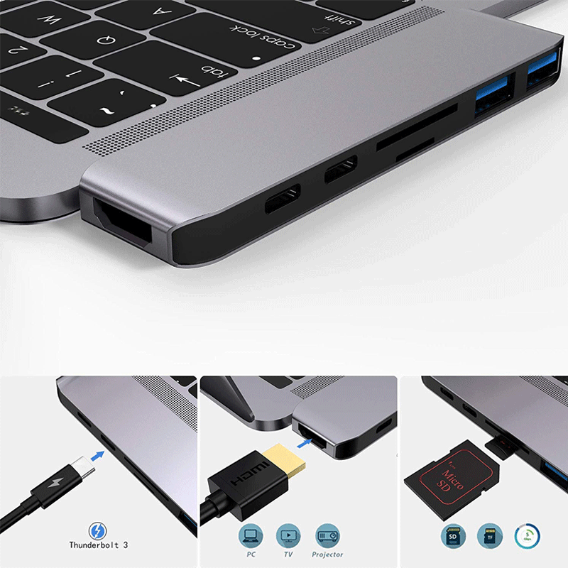 7в1 USB-C концентратор двойной тип-c многопортовый кардридер адаптер 4 K HDMI для MacBook Pro