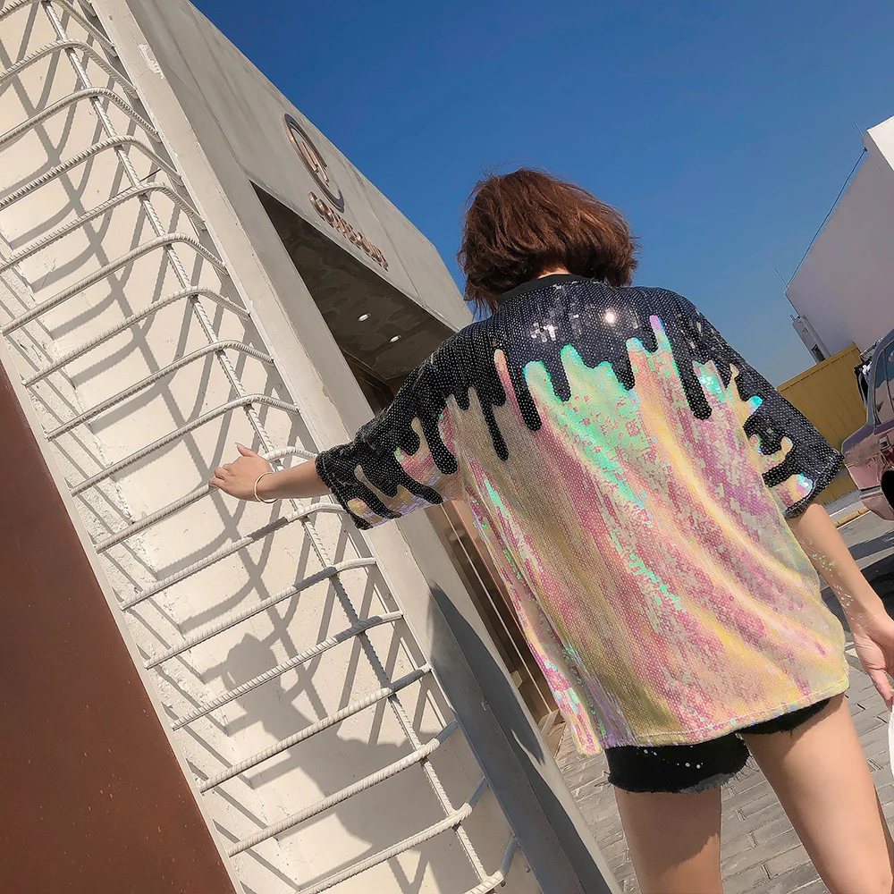 2019 Лето Письмо мультфильм футболка с пайетками Женская мода o образным вырезом