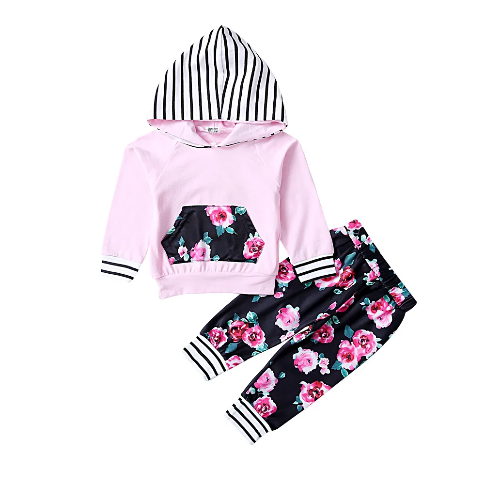 Fashion toddler newborn baby girls clothes set cotton hooded tops floral pants stripe clothing for girl spring autumn tracksuit | Детская