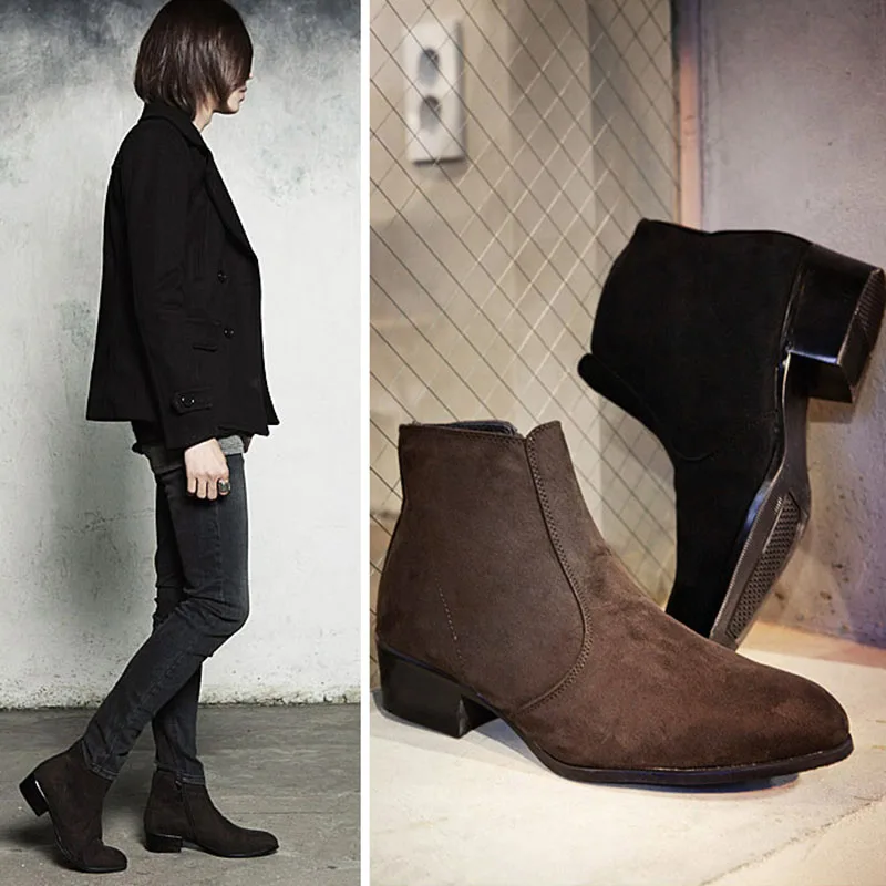 Мужские ботинки челси с высоким берцем ботильоны из флока и нубука острым носком