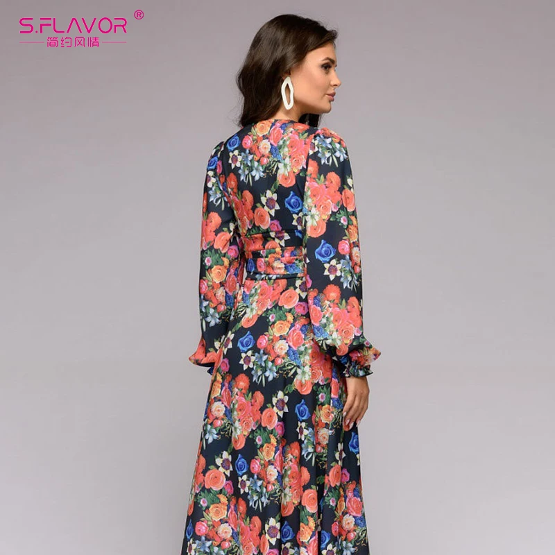 S.FLAVOR Bohemian Lantern Sleeve Women Long Dress Elegant V-neck Waist Floral Printed Party Vestidos Spring Summer Casual | Женская