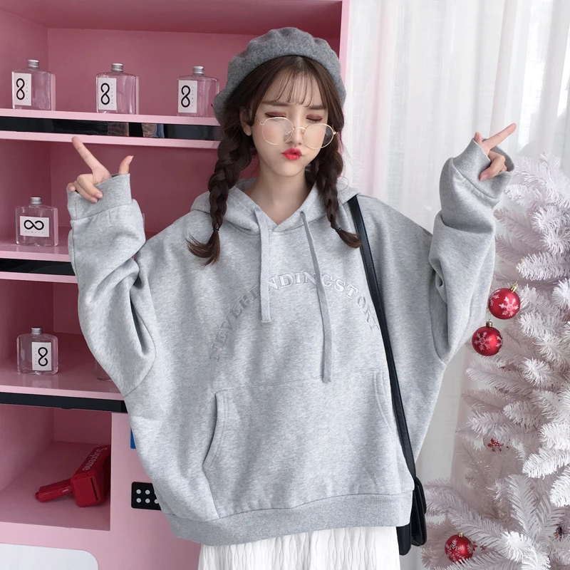 gray Толстовки с капюшоном с буквенным принтом и большим карманом Kawaii Большие размеры плюс бархатная плотная Женская толстовка Свободный трендовый милый женский пуловер - Цвет: gray