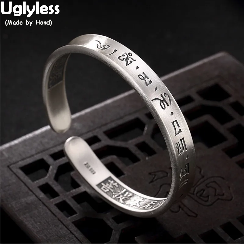 

Uglyless Solid Real 99.9% Full Silver Tibetan Bangles Unisex Men Women Buddhism Open Bangles Concave Convex Bracelets Jewelry