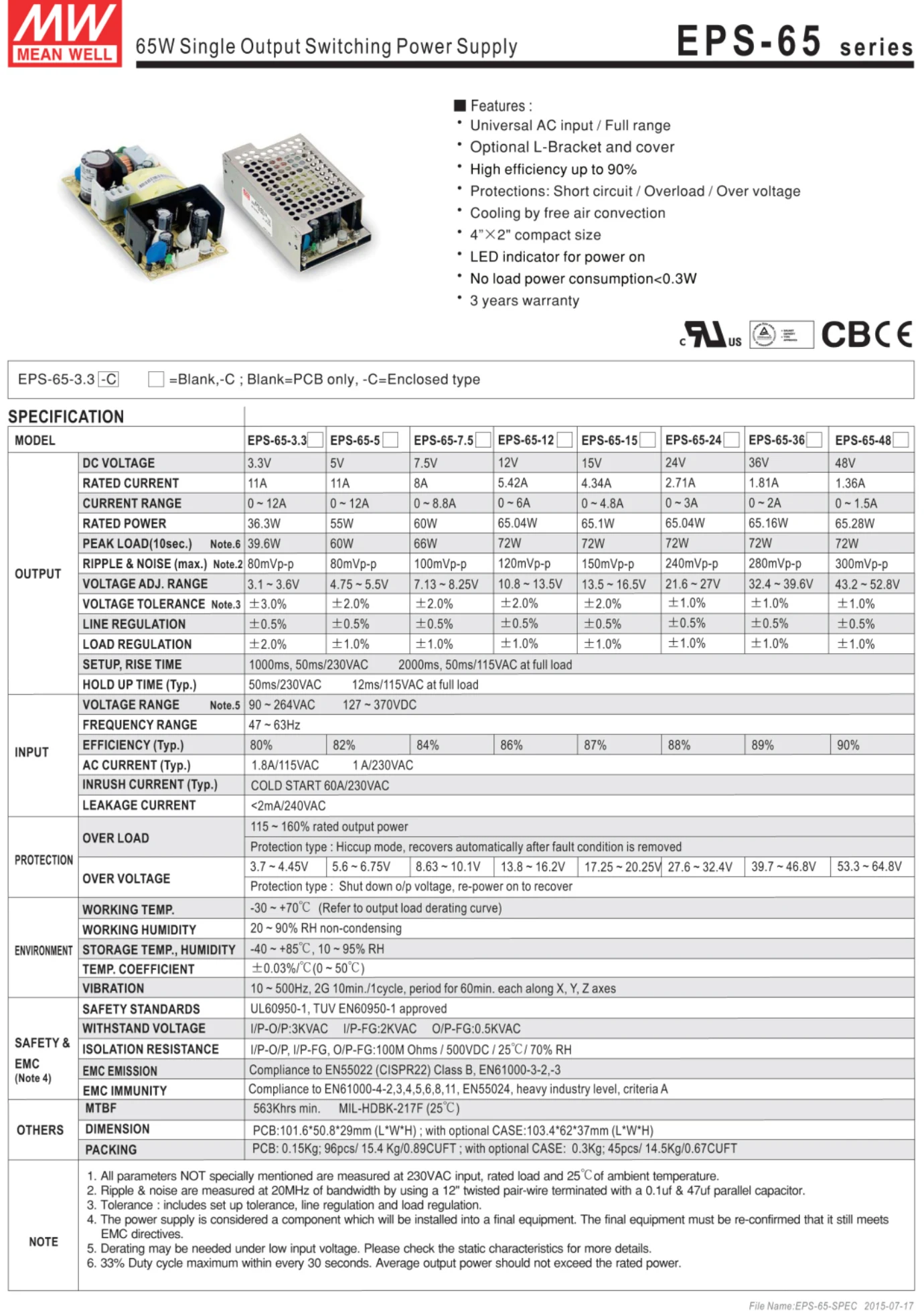 MEAN WELL EPS-65-12 12V 5.42A meanwell EPS-65 65W одиночный выход DC Стабилизированный импульсный источник питания PCB Замена PS