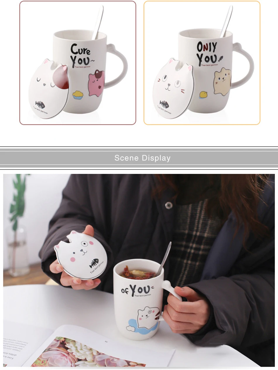 BAIPO 360 мл креативная кружка с мультяшным рисунком керамическая кофейная чашка милый кот кружка с крышкой с ложкой молочные чашки домашний офис ежедневная посуда для напитков подарок