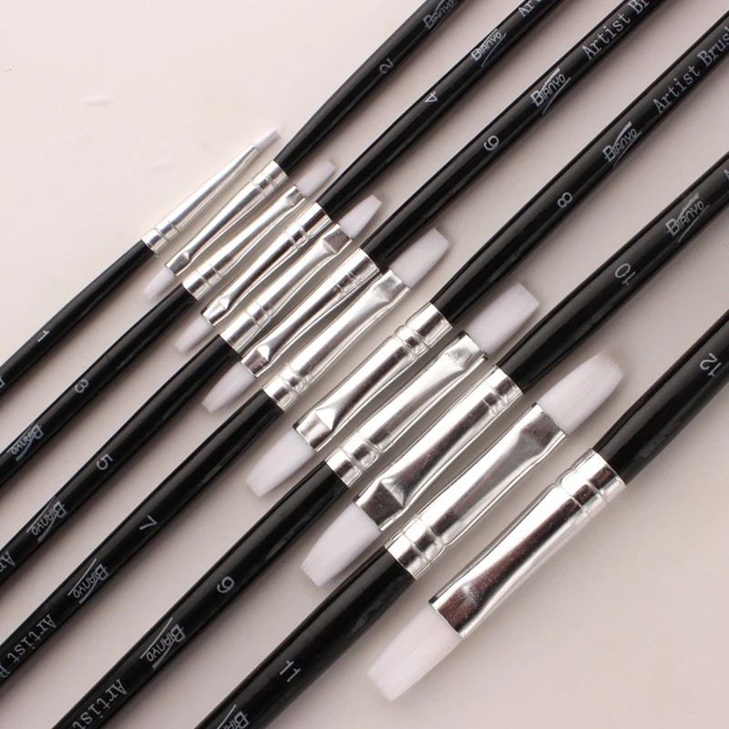 Бианьо 12 шт. черная деревянная ручка плоская головка набор акварельных кистей