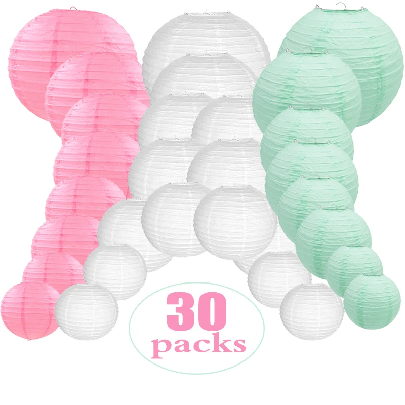 

30 pcs 4"-12" White Pink Mint Green Paper Lantern Chinese Round Mixed Size lanterne papier lampion Wedding Outdoor Hanging Decor