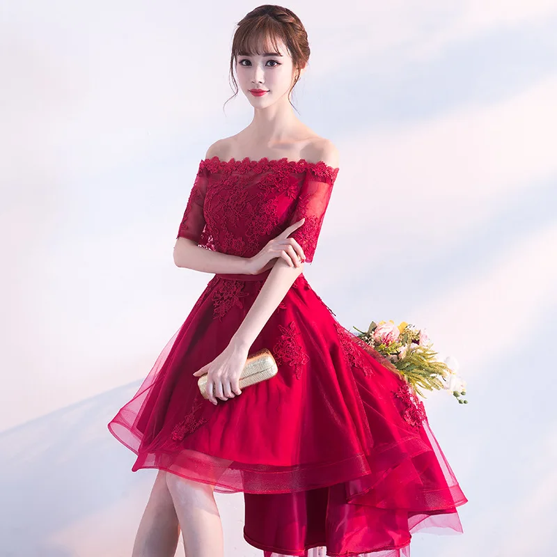

Boat Neck High Low Style Prom Wedding Party Dresses Wine Red Lace Organza Bridesmaid Dress SW19130