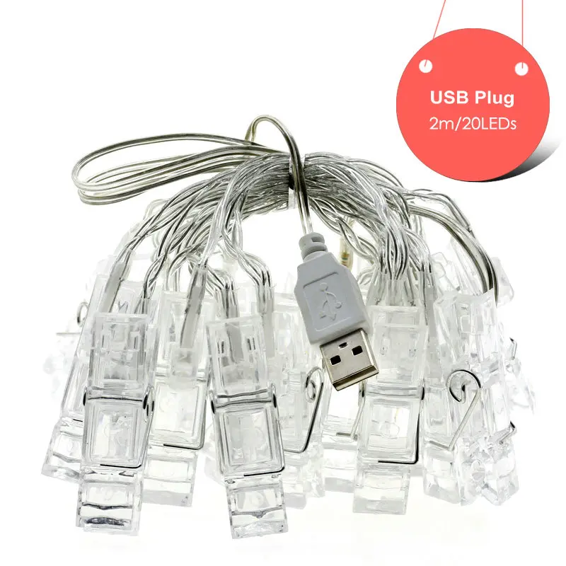 USB 2M 20LEDs Светодиодный держатель с зажимом для фото, гирлянды с питанием от батареи/USB 1 м 4 м 10 м, рождественские, новогодние, вечерние, свадебные украшения для дома, сказочные огни - Испускаемый цвет: USB 2M 20LEDs
