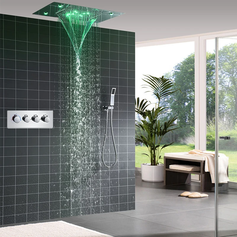 

2021 Big Shower Faucets 360*500 Ceiling Concealed Rainfall + Massages Waterfall Overhead Thermostatic Bath / Bathroom Furnitures