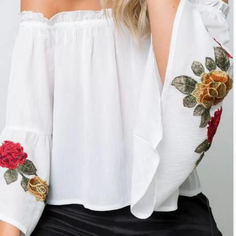 NFIVE Brand 2017 Women Thin Short T-shirts European And American New Sexy Strapless Collar Shirt Embroidery Long Sleeved T-shirt | Женская