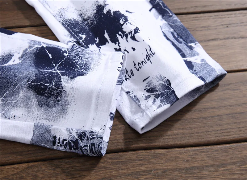 Men's 2018 Euro Style Floral Pant Men Colorful Graffiti Slim Jeans White Print Man Street Club Personal Real Photo | Мужская одежда