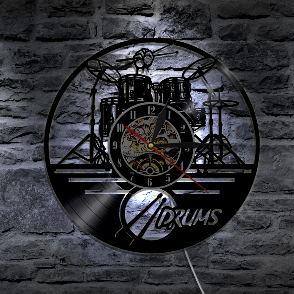 1 шт. гитарный барабанный набор силуэт светодиодный подсветка музыкальная группа современные виниловые часы настенные часы ручной работы подарок для фаната группы