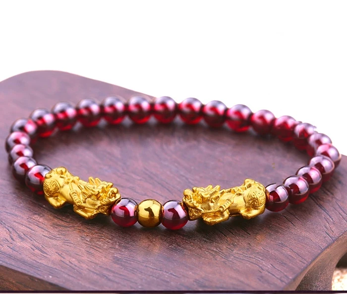 

New Real 999 24K Yellow Gold Bracelet Woman's 3D Two Bless Pixiu & Lucky Bead Link Red Garnet Chain