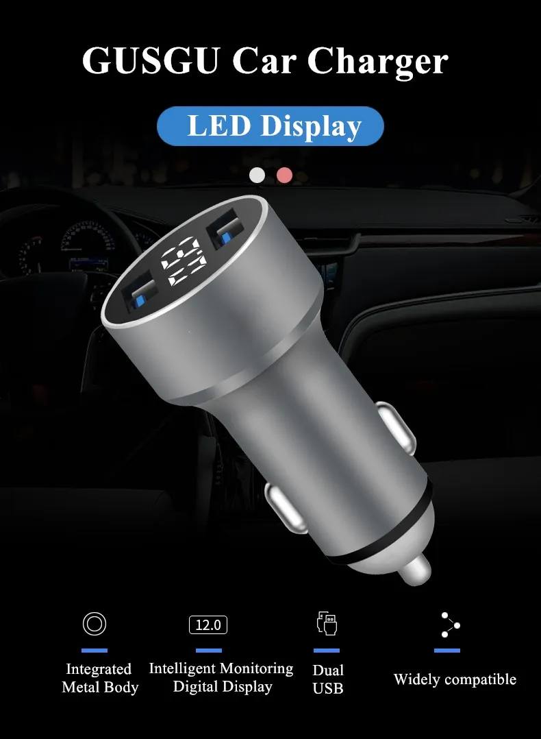 GUSGU Dual USB Автомобильное зарядное устройство с светодиодный цифровым дисплеем, металлическое автомобильное зарядное устройство для мобильного телефона 3.1A USB Автомобильное зарядное устройство адаптер для iPhone