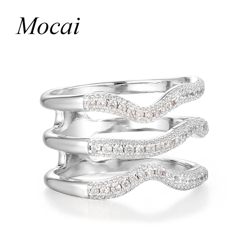 Женские широкие кольца в форме волны Mocai серебристые Многослойные с