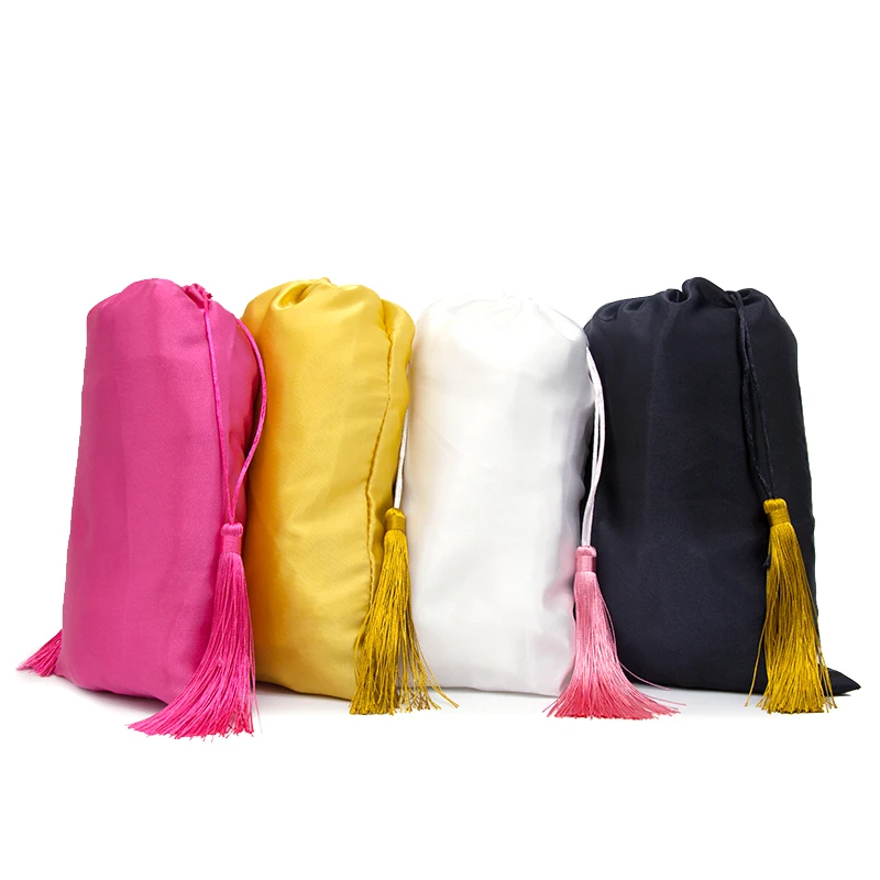 

Blank Pink White Black Hair Bundles Satin Silk Packaging Bags With Tassles Virgin Hair Extensions Packing Bags Wigs Bags 18x30cm
