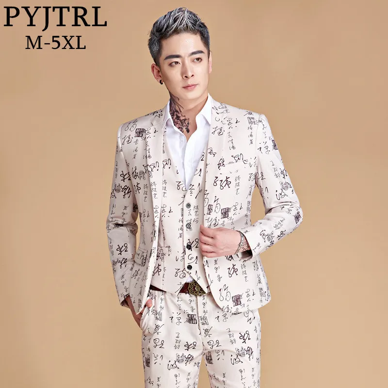 PYJTRL мужские плюс Размеры 5XL китайские иероглифы печати костюмы костюм Homme мужской