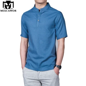 Рубашка мужская из хлопка и льна, с коротким рукавом, 2019