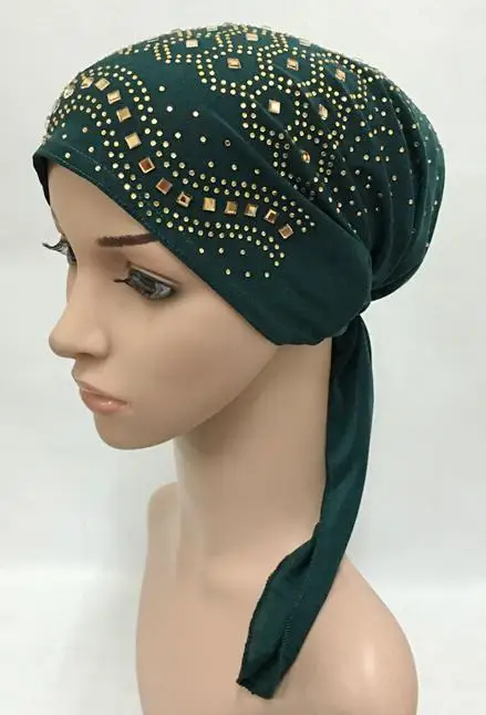 dark green Полный Чехол, стразы, мусульманский внутренний хиджаб, шапка, женский головной убор, головной убор, исламский головной убор, шапка, шапка, выпадение волос, длинный хвост, новинка - Цвет: dark green