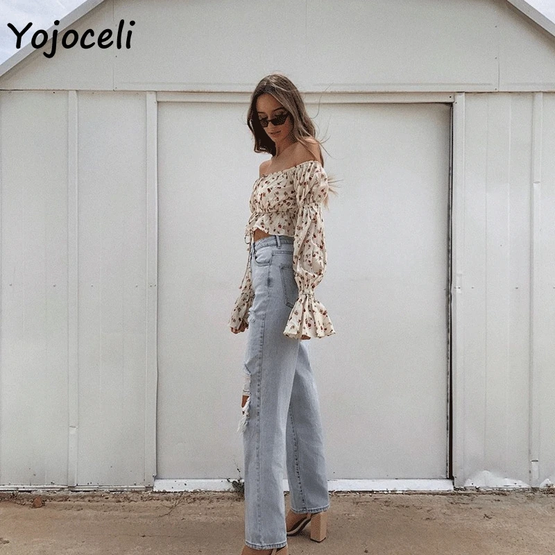 Блузка Yojoceli с цветочным принтом женские блузки открытыми плечами и рукавами