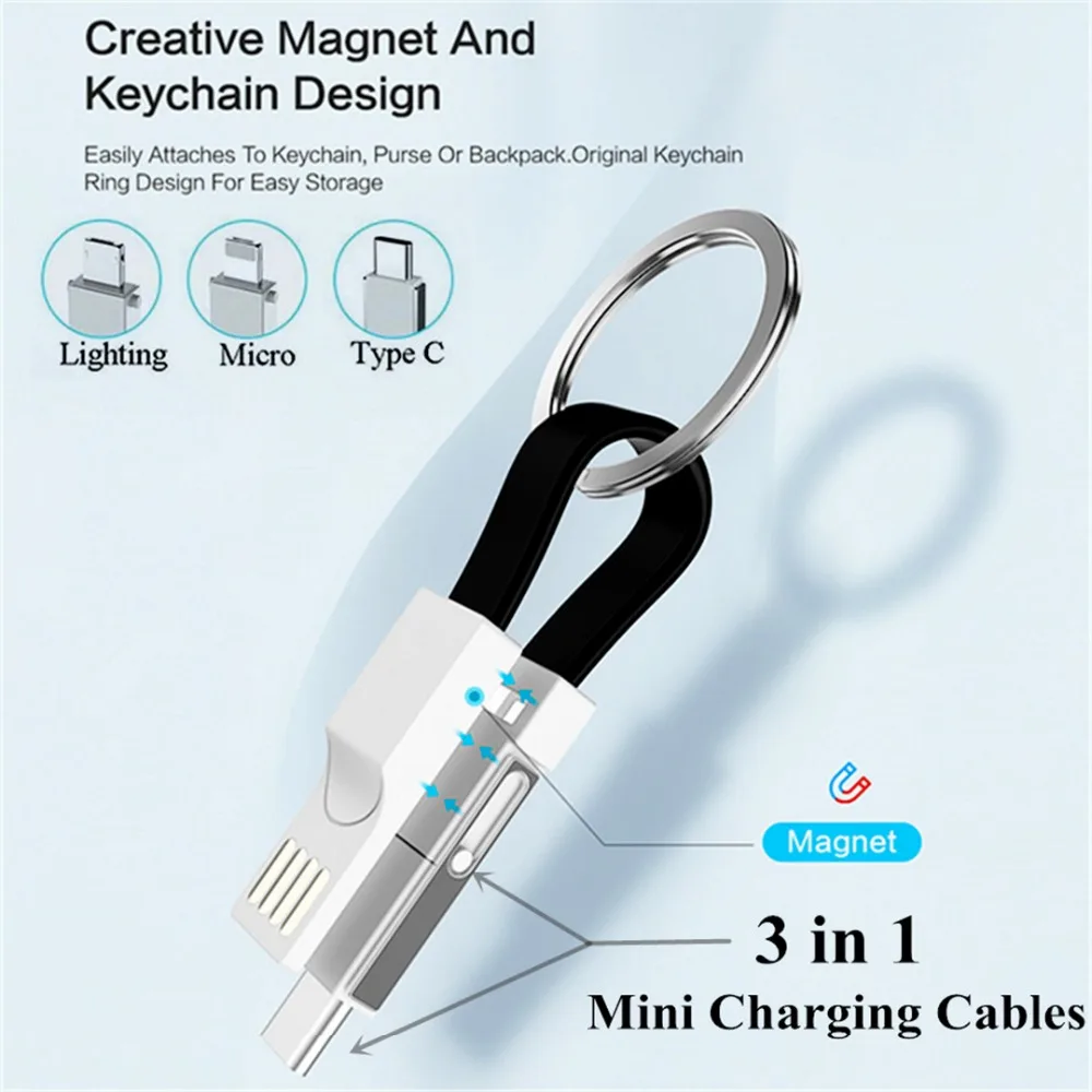 3 в 1 брелок USB кабель для зарядки Micro usb type C кабель для освещения для iPhone XS Android 2A Мини Брелок Зарядное устройство кабели для зарядки