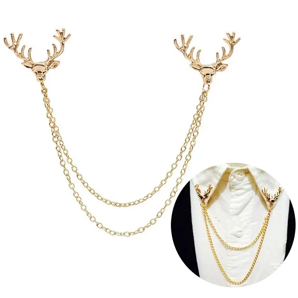 

Fashion Men Women Shirt Suit Collar Deer Head Brooch Pin with Long Chain Gift New