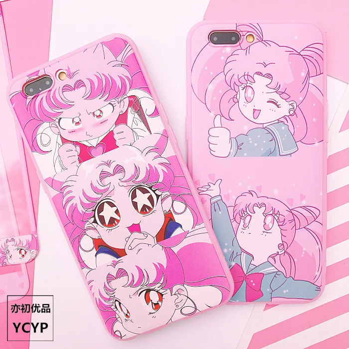 For iphone 7plus Sailor Moon Case +Tempered Glass Screen film for X 8 8plus 6 6S plus Pink cover+ Strap +Metal Gift box |