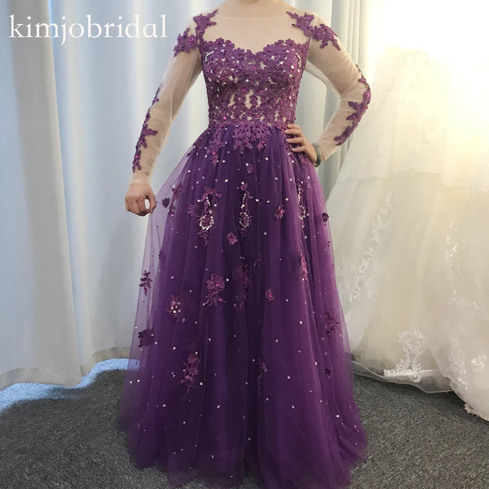 

purple prom dresses 2019 long sleeve tulle crystal pearls a line lace evening dresses gowns real picture arabic