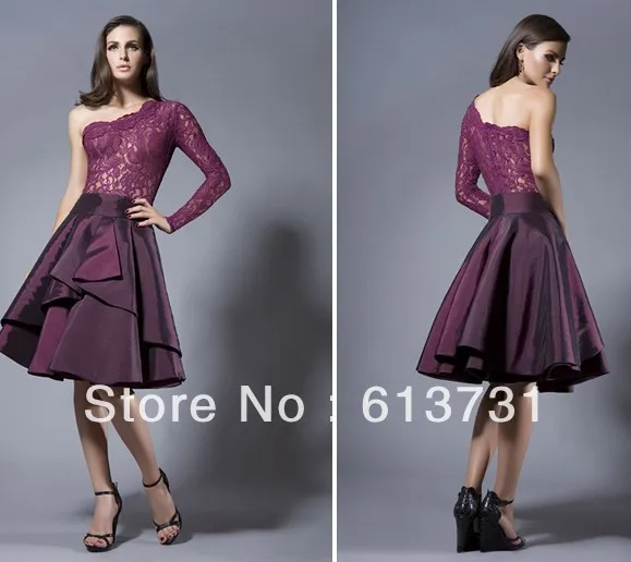 Wholesale - 2013 Sexy New One Long Sleeve Taffeta Knee Length Grape Purple Short Prom Dresses With Lace Top ME3 | Свадьбы и