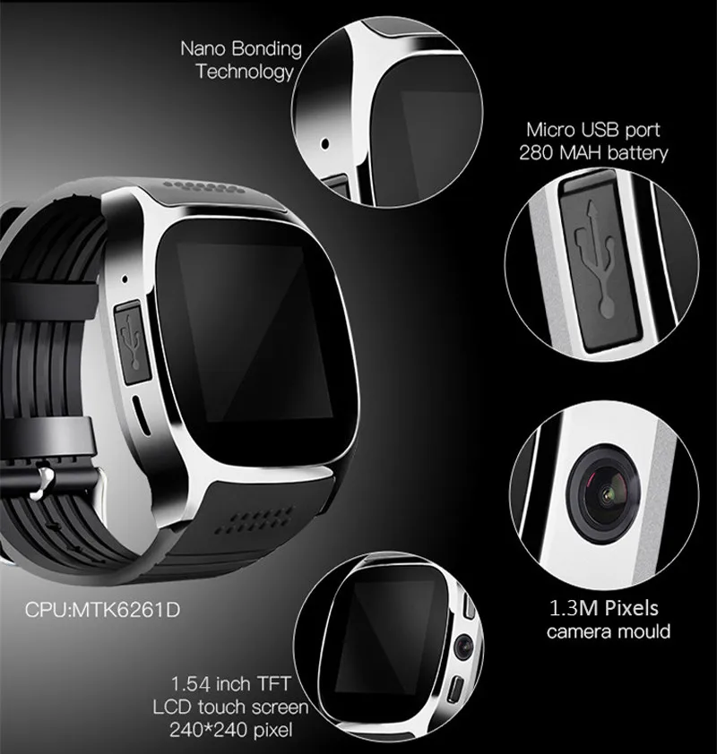 T8 Bluetooth Смарт часы с камерой музыкальный плеер Facebook Whatsapp Синхронизация SMS Smartwatch поддержка SIM TF карта для Android PK DZ09