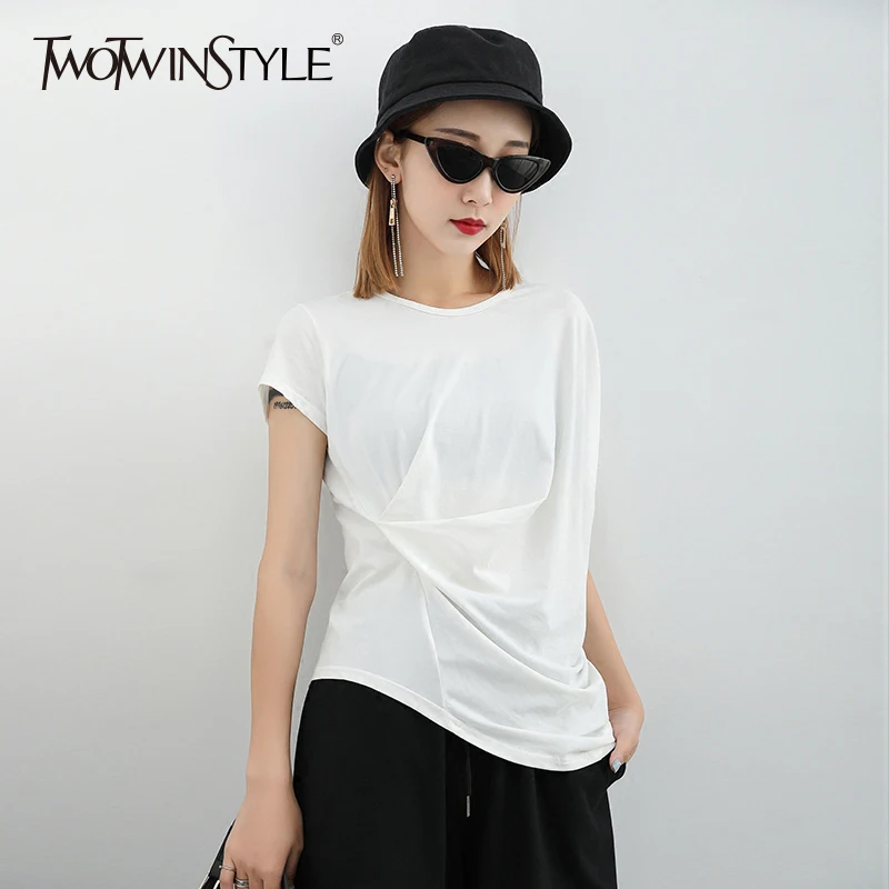 TWOTWINSTYLE базовая футболка женская короткий рукав с рюшами из кусков большой размер